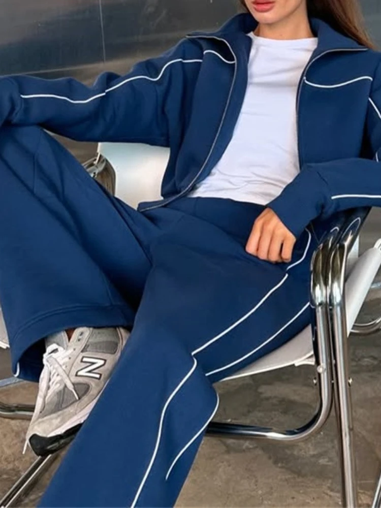 Tuta sportiva primavera autunno per donna Felpa a maniche lunghe con cerniera tinta unita ampia Cappotto Pantaloni con lacci a vita alta Set da 2 pezzi