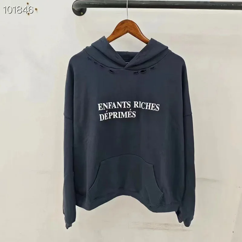 Hip Hop Vintage Washed Blue Damaged Enfants Riches Deprimes Hoodie Hoode Men Women 100% Cotton Short Wide ERD Pullovers With Tag