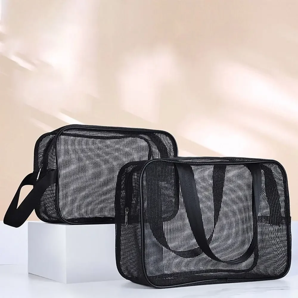 

Portable Grey Blue Mesh Shower Bag Mesh Beach Handhold Storage Bag Foldable Quick Dry Makeup Handbag Bathroom Shower Organizer