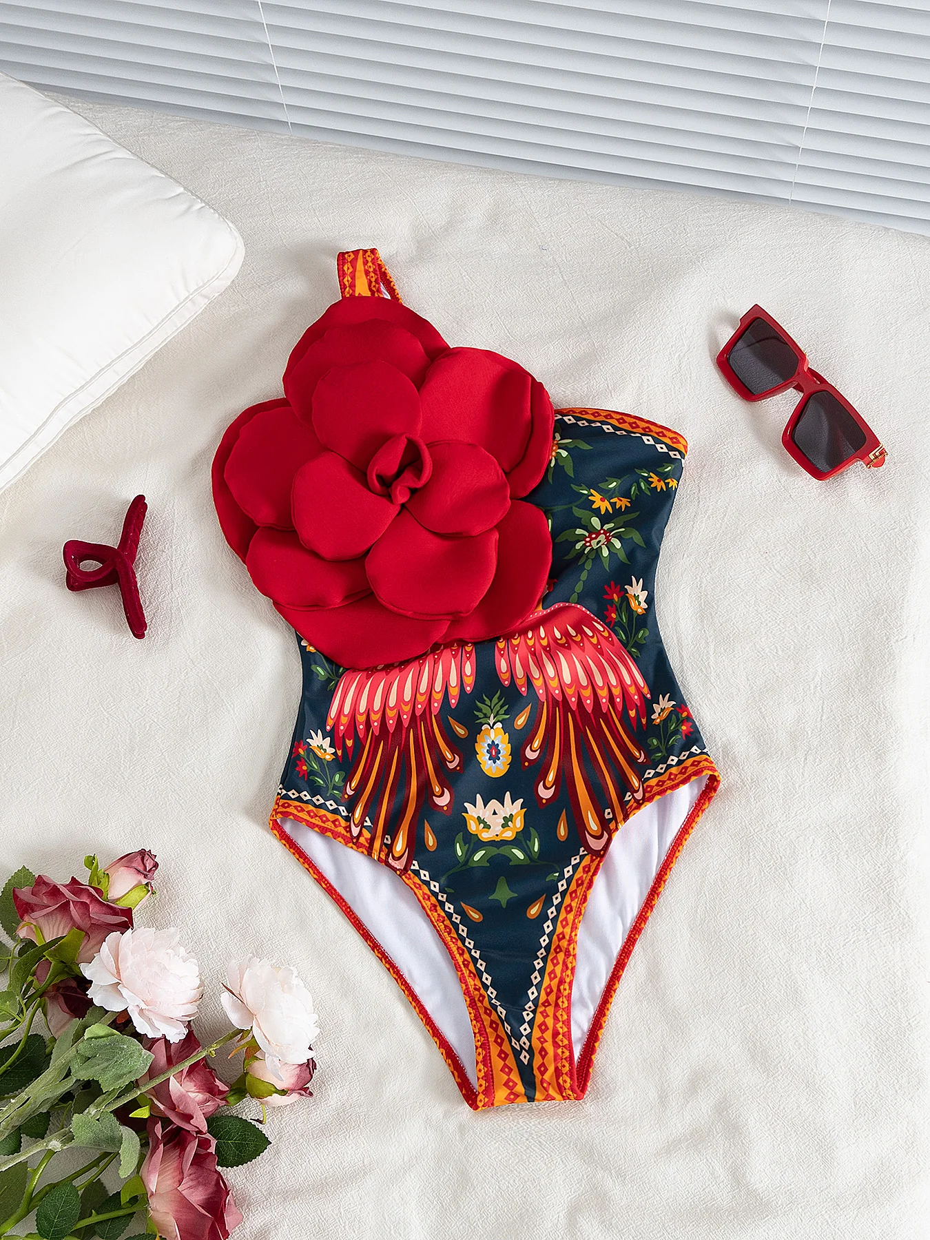 2025 Sexy One-Piece Swimsuit – Tropical Bird Print with 3D Red Flower Perfect for Beach Wear and Pool Parties Summer Beachwear