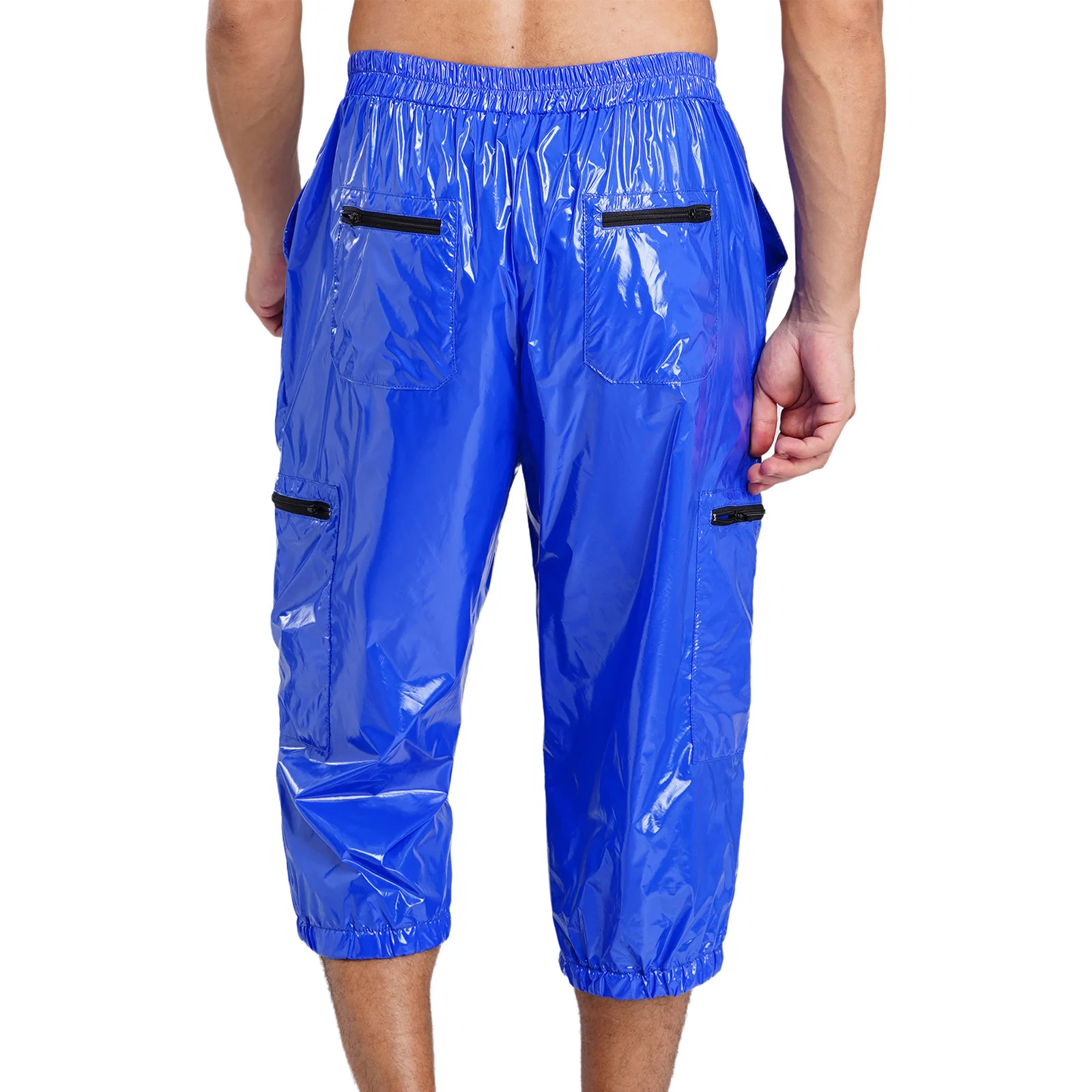 Men Shiny Multi-pocket Zippers Cargo Shorts Glossy Waterproof Pants Elastic Waist Band Overalls Cropped Capri Pants Clubwear