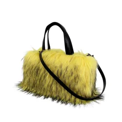 Winter Faux Fur Women's Boston Handbag Luxury Design Ladies Long Plush Tote Bag Bright Color