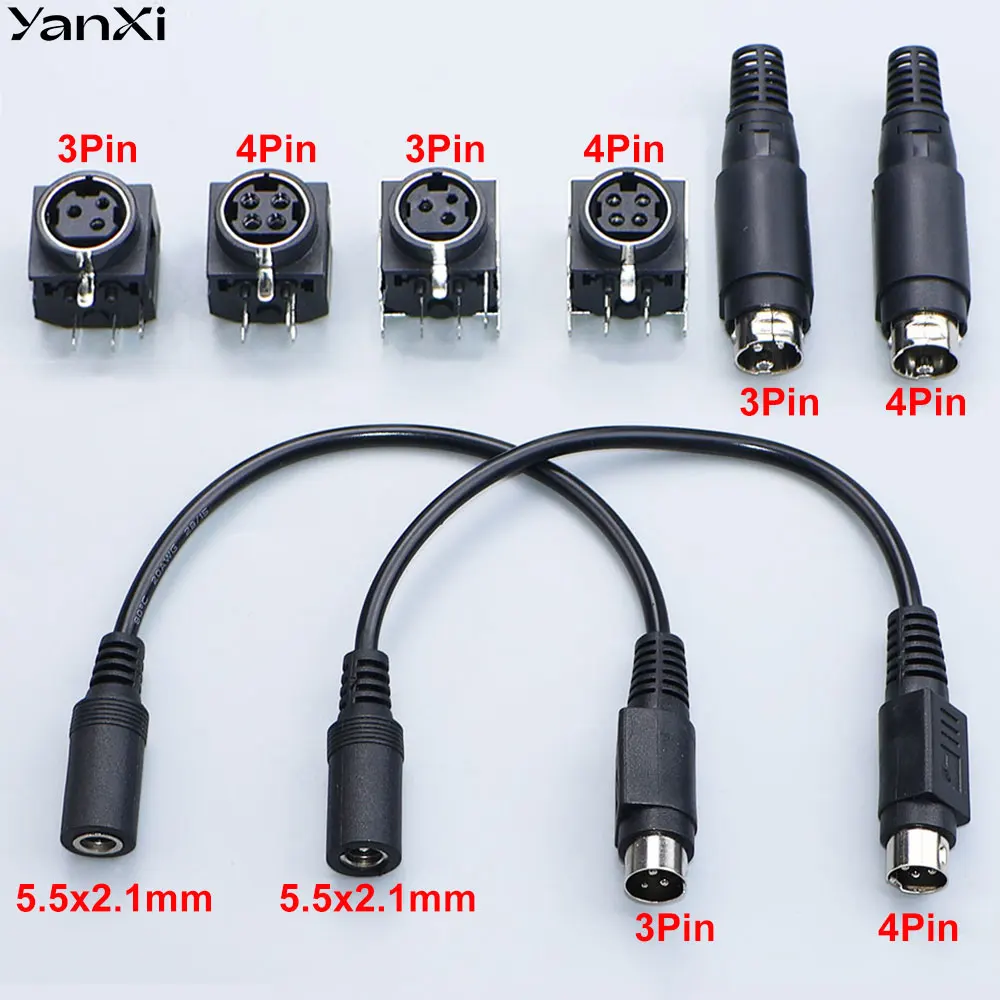 DIN 3Pin 4Pin DC Power Plug Socket 5.5 X 2.1mm Adapter PCB Panel Mount Solder Terminal Connector For Barcode Printer DVD LCD TV