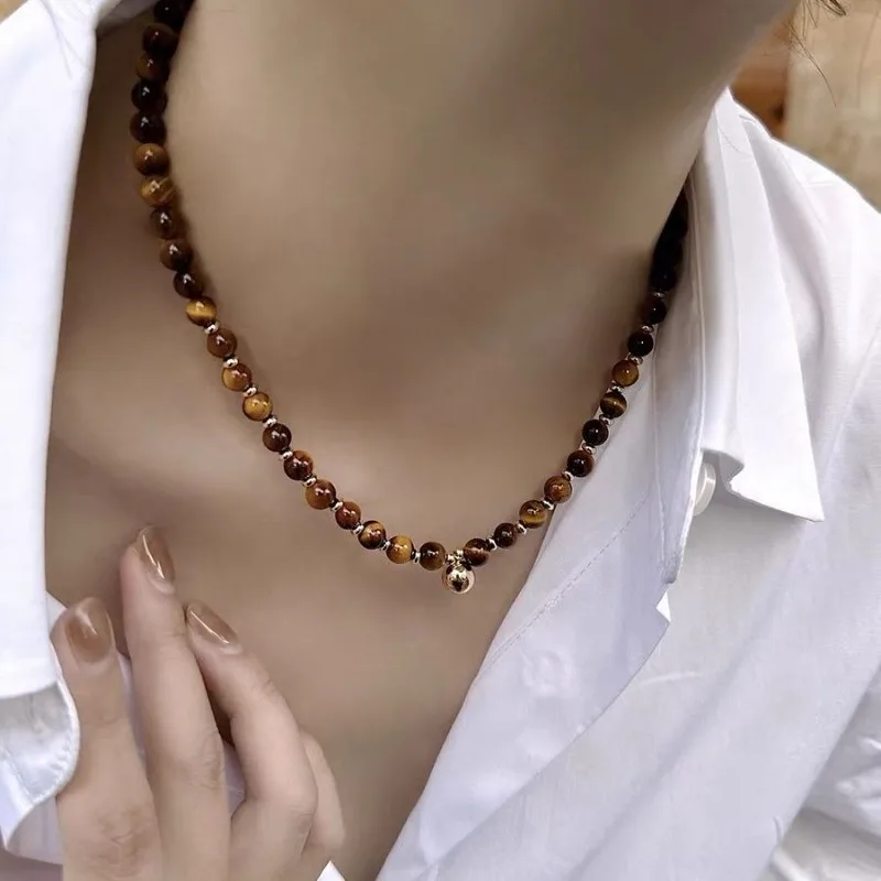 

Офисное женское ожерелье из натурального тигрового глаза с бисером в стиле Майяра, устойчивая к пятнам медь, позолоченная, нежная цепочка на воротник, оригинальная