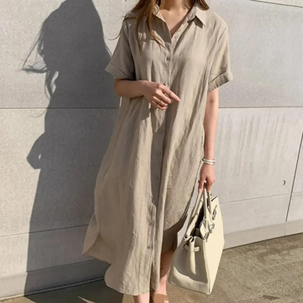 Women Summer Dress Solid Color Lapel Single-breasted Shirt Dress Short Sleeves Tight Waist Lace Up Mid-calf Length Lady Dress