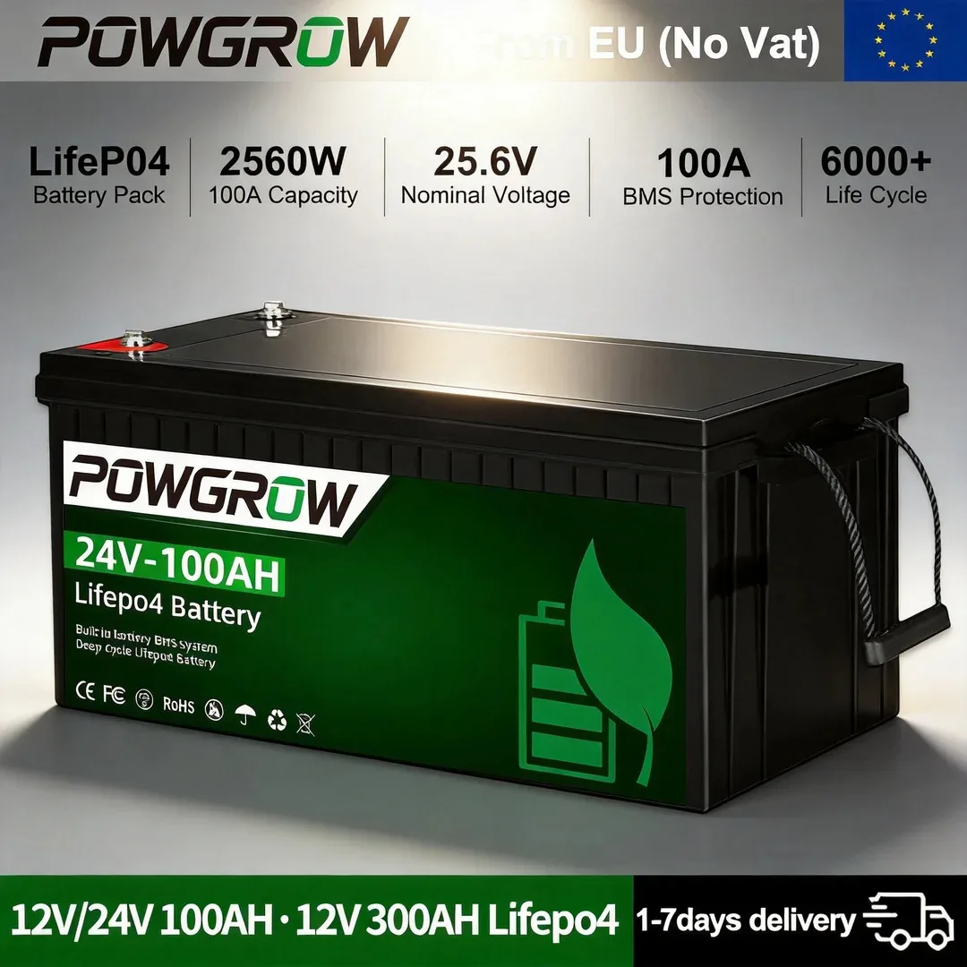 Batteria LiFePO4 POWGROW 12V 24V 100AH 300AH 6000 Cicli a Scarica Profonda Batteria al Litio Ferro Fosfato ad Alta Capacità con BMS Integrato