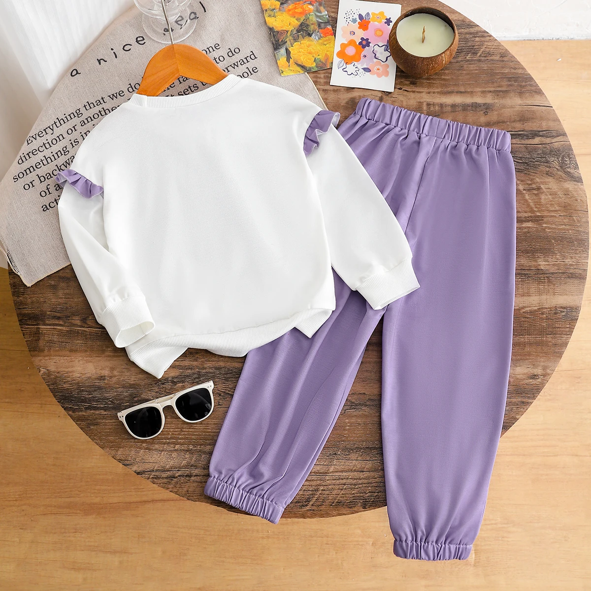 Girls Spring Autumn Butterfly Letter Print Long Sleeve Top with Purple Cuffed Pants Two-Piece Set for Kids