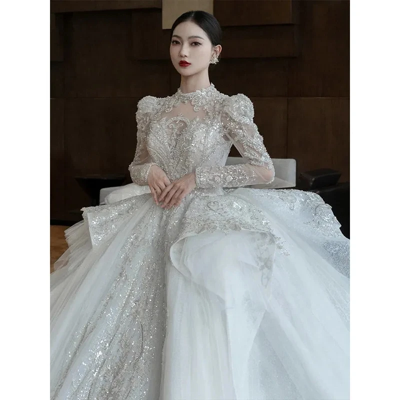 Long-sleeved wedding new spring bridal main yarn high-end luxury large trailing retro palace style high-quality texture