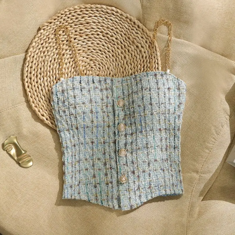 

French Sweet Plaid Suspender Vest Women Slim and Fragrant Style Design Short Base Strap Top Trendy