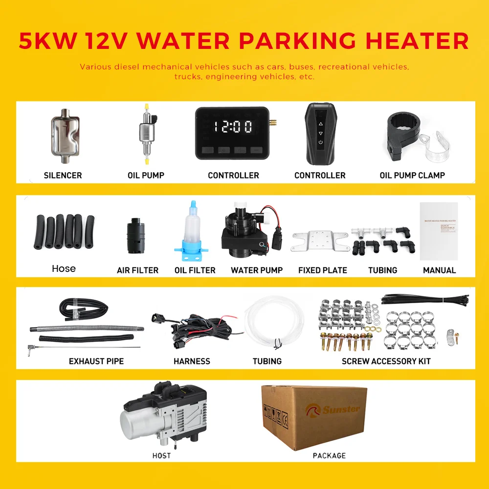 Sunster Car Diesel/ Gasoline Water Heater 12V 5KW Wireless Remote Control W/ Water Pump diesel parking car heater preheater