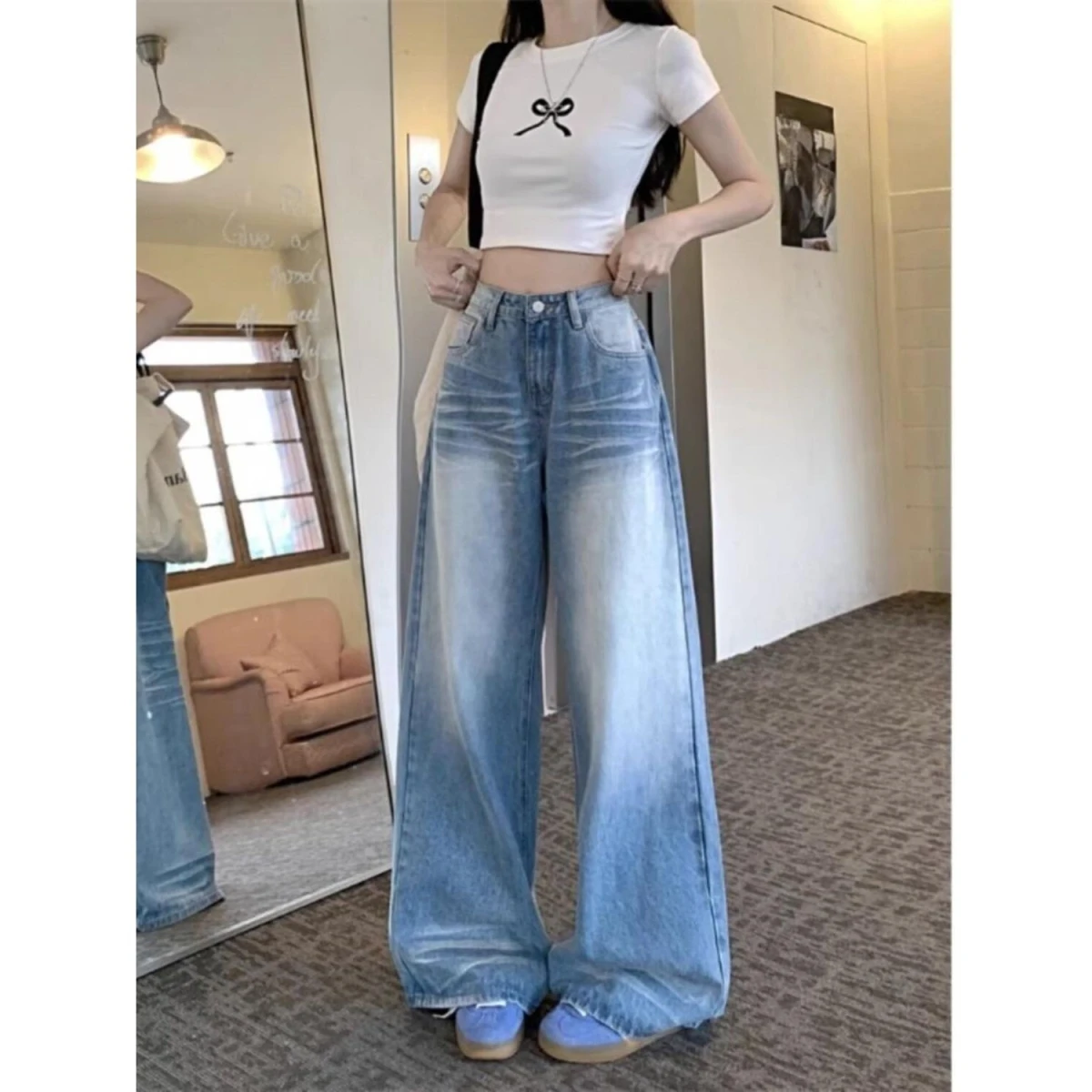 

American Waed Faded Wide Leg Jeans Women's Small Size High Waist Slimming Loose Drapey Floor-Length Straight Leg Pants