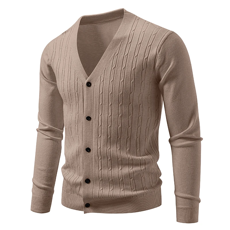 Men's Autumn Solid Color V-Neck Cardigan Sweater Long Sleeve Knitwear Casual Outerwear Button-Up Fried Dough Twist Design