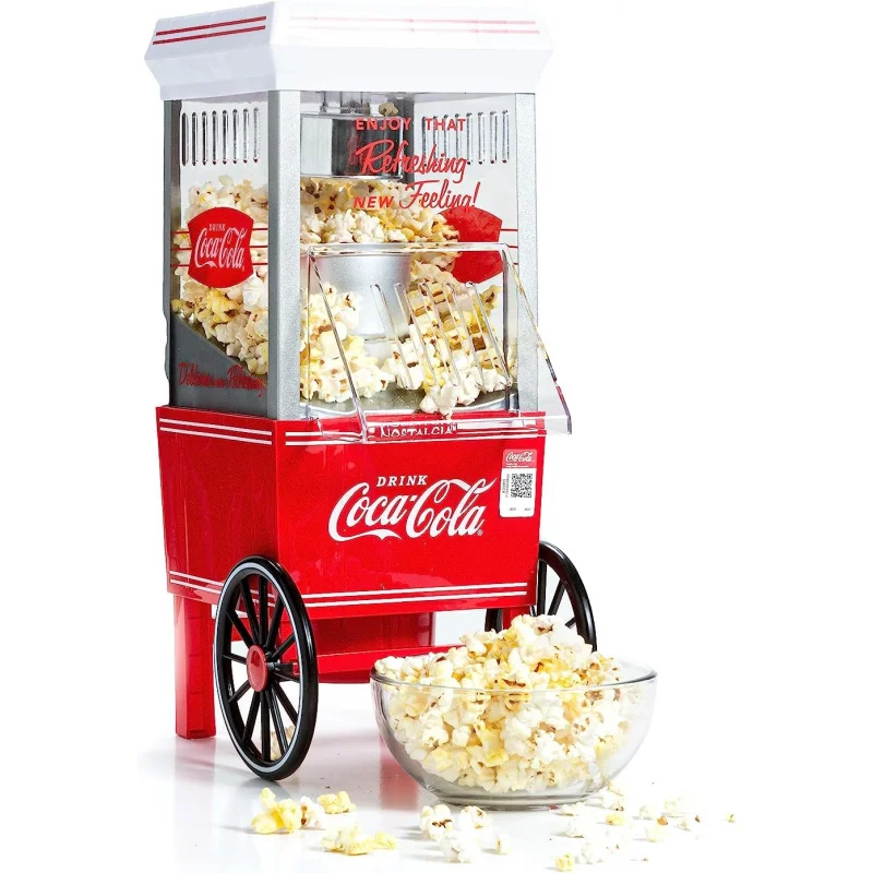 Popcorn Maker, 12 Cups, Coca-Cola Hot Air Popcorn Machine with Measuring Cap, Free, Vintage Movie Theater Style, White and R