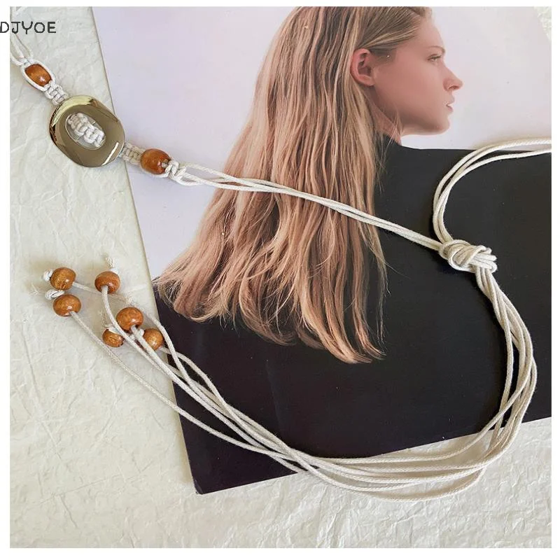 Women Boho Plain Metal Buckle Beaded Knot Waistband Retro Ethnic Style Dress Jeans Waist Chain Belt Female Beach Accessories