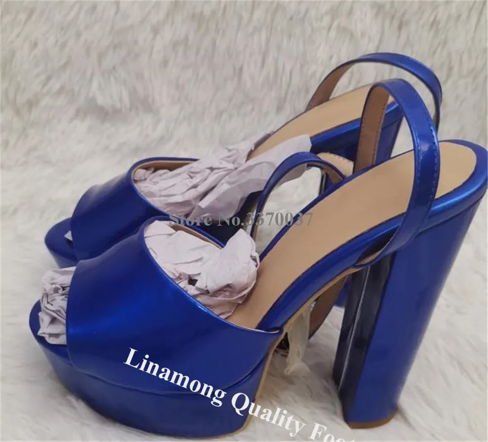 Linamong Patent Leather Chunky Heel Sandals Shining Peep Toe Green Blue Silver Gold High Platform Thick Heel Dress Pumps