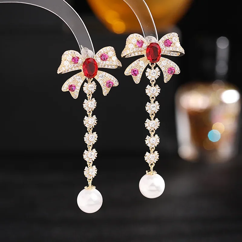 Lovely Bowknot Dangle Earrings for Women Long Tassel Pearl Drop Earrings Evening Party Wedding Shiny Jewelry Female Gift