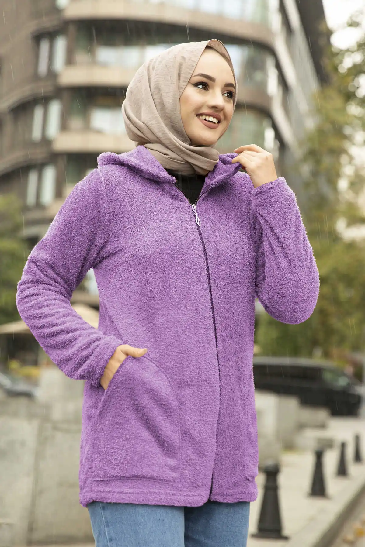 Zipper Detail Hijab Fleece Cardigan Lilac Winter Autumn 2021 Muslim Women Hijab headscarf Islamic Turkey