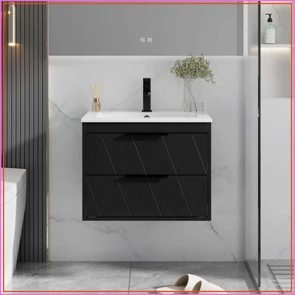 24 Inch Floating Bathroom Vanity with Sink, Wall Mounted Cabinet, Soft Close Drawers, White, Black
