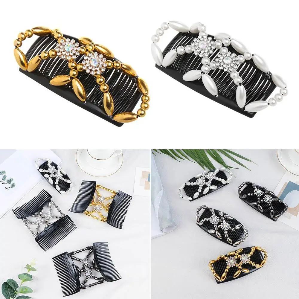 Styling Tool Ladies Women Stretch Flower Crystal Bun Maker Elastic Hairpin Magic Hair Comb Beaded Hair Clip Double Comb