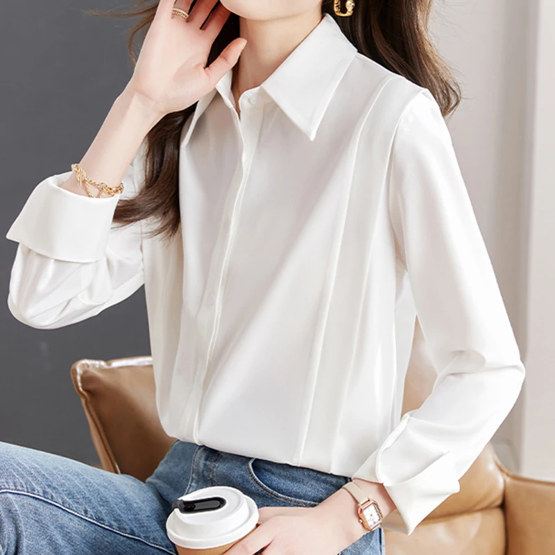 

Fashion Women Shirt Vintage Long Sleeve White Blouse Women Elegant Womens Formal Tops Autumn Work Wear Female Basic Clothing