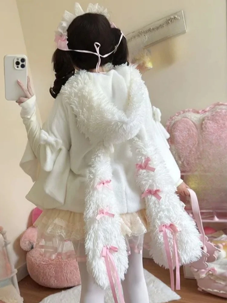 

Japanese Sweet Lolita Furry Cape Coat Women Cute Bow Rabbit Ears Warm Winter Cloak New Kawaii Soft Plush Lovely Fashion Outfits