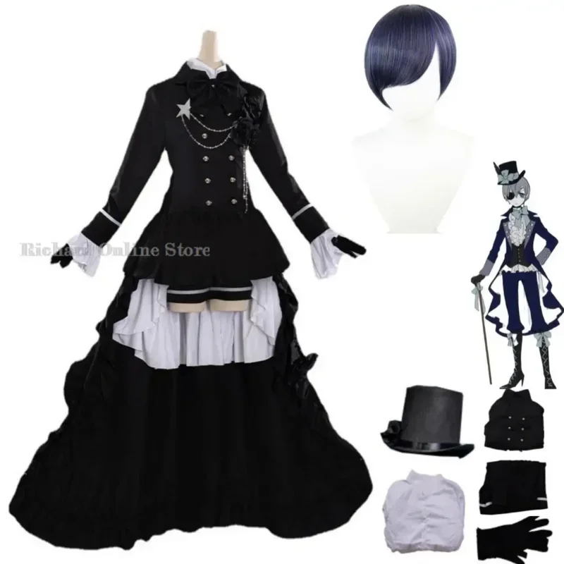 Anime Black Butler Ciel Phantomhive Smile Cosplay Costume Wig Dovetail Evening Dress Coat Man Woman Halloween Carnival Suit