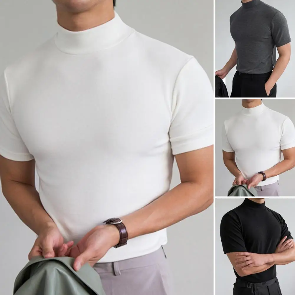 Men Base Top Soft Breathable Turtleneck Short Sleeve Streetwear Casual Men Clothing Leisure Slim fit Camisetas Basic T-shirt