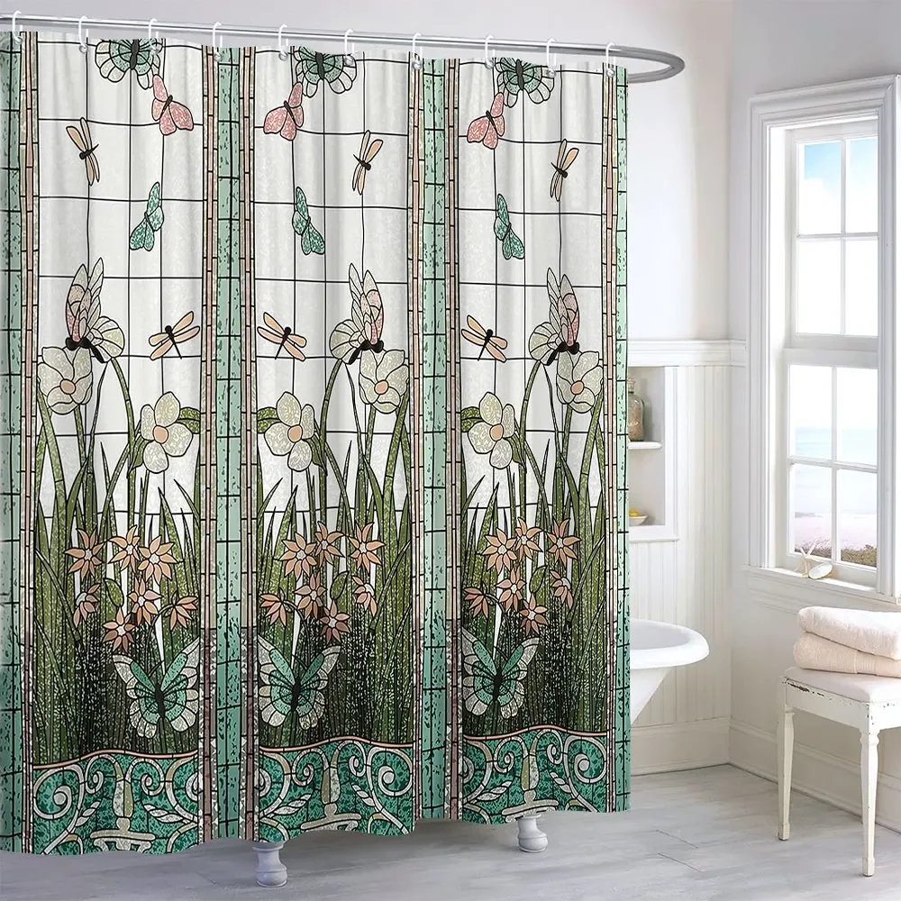 Stained Glass Meadow Flower Dragonfly Print Polyester Fabric Shower Curtain Home Hotel Apartment Bathroom Bath Curtain Carpet