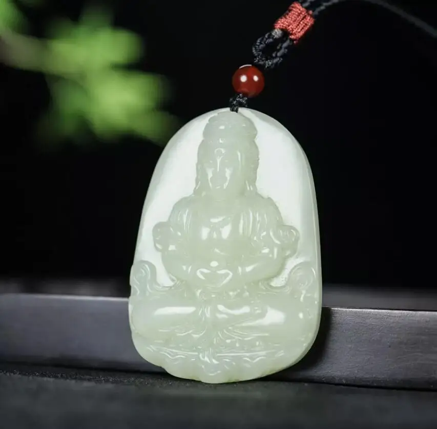 Natural Light Green HeTian Jade jadeite Hand-Carved pendant Avalokitesvara