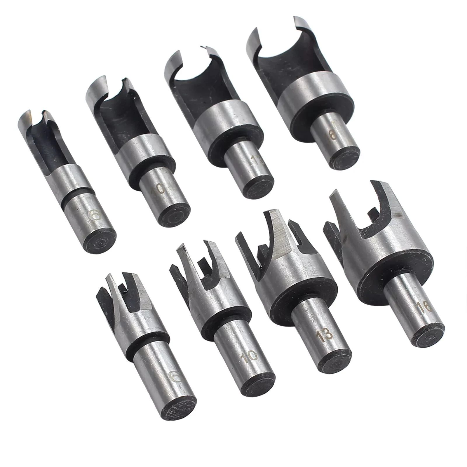 8Pcs Plug Cutter Drill Bit Set Carbon Steel, Standard + 4-Flute Chamfer Cutters for Tapered Wood Plugs and Countersink Repair