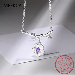 Flower Natural Purple Amethyst 925 Sterling Silver Cherry Blossoms Pendant Necklace for Women Statement Gemstone Jewelry Choker