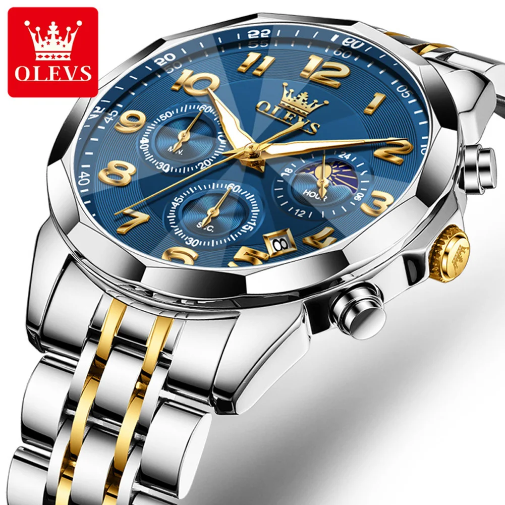 

OLEVS Роскошные кварцевые часы для мужчин, спортивные водонепроницаемые светящиеся часы из нержавеющей стали, часы с хронографом и фазой Луны, мужские часы