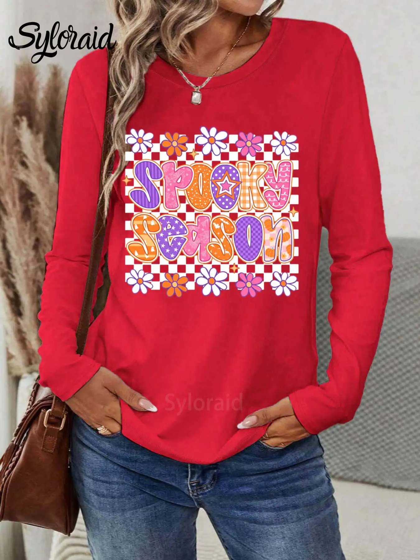 تي شيرت نسائي طويل الأكمام متقلب موسم مخيف تي شيرت الهالوين شبح اليقطين قميص موضة رقبة مستديرة كاجوال #3