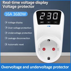 Digital Display Adjustable Voltage Protector AC230V 16A Automatic Power Surge Protector EU Plug Socket Under Overvoltage Protect