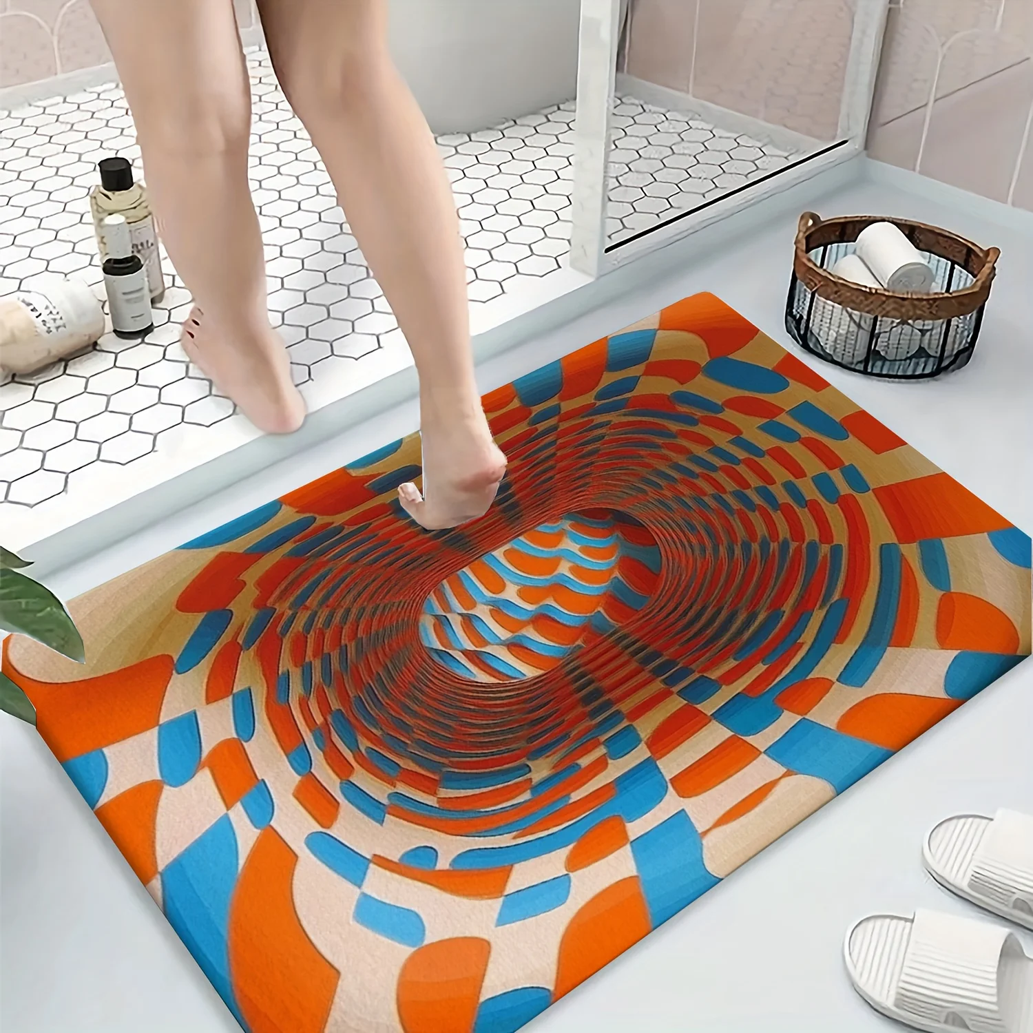 3D Optical Illusion Printed Flannel Bath Mat With Colorful Spiral Design Soft Non Slip Rug For Bathroom Or Home Decor