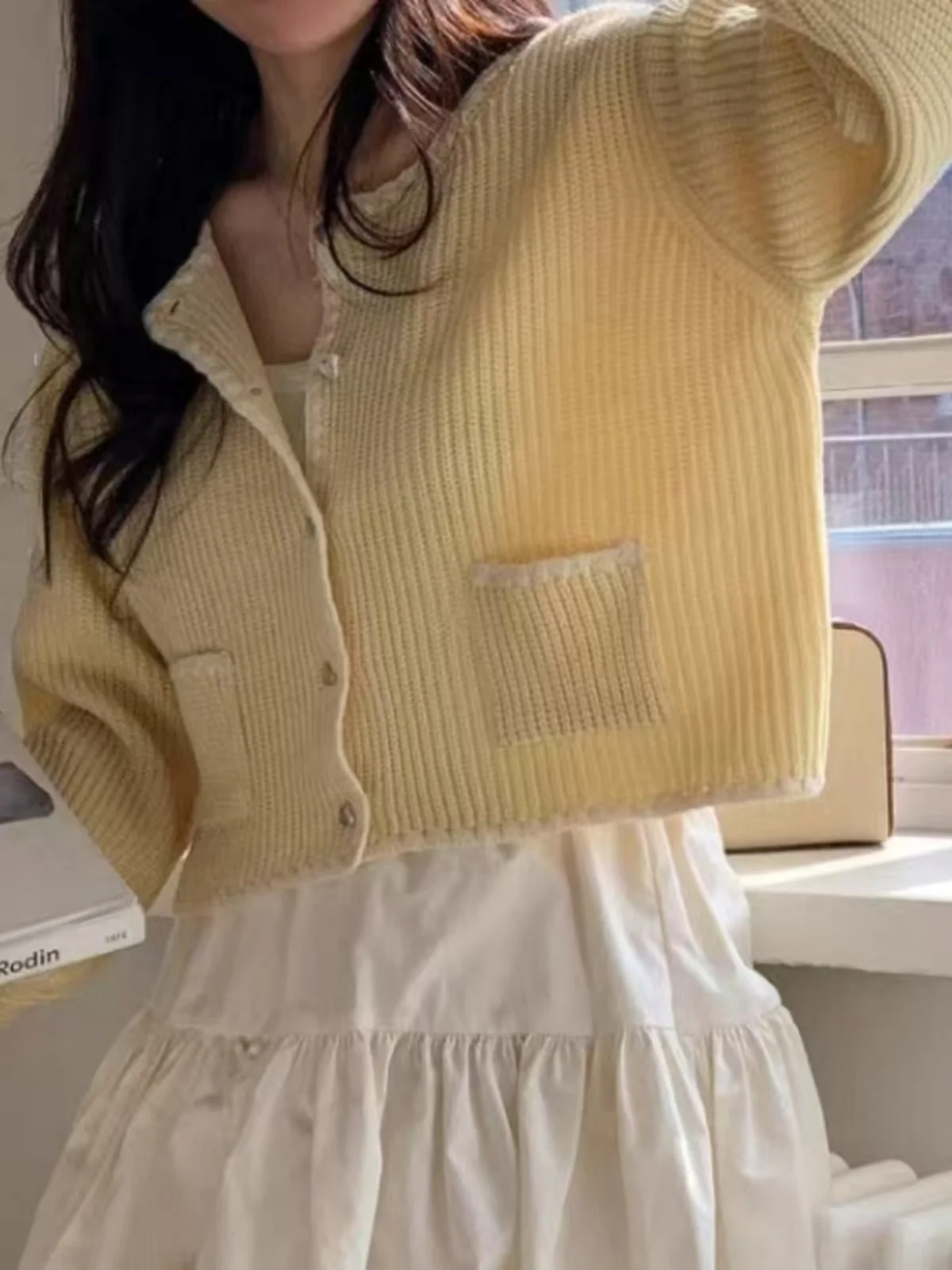 

Soft Cozy Knitted Open Front Loose Fit Thin Sweater Short Design Versatile Long Sleeve Top for Women Autumn Winter Fashion