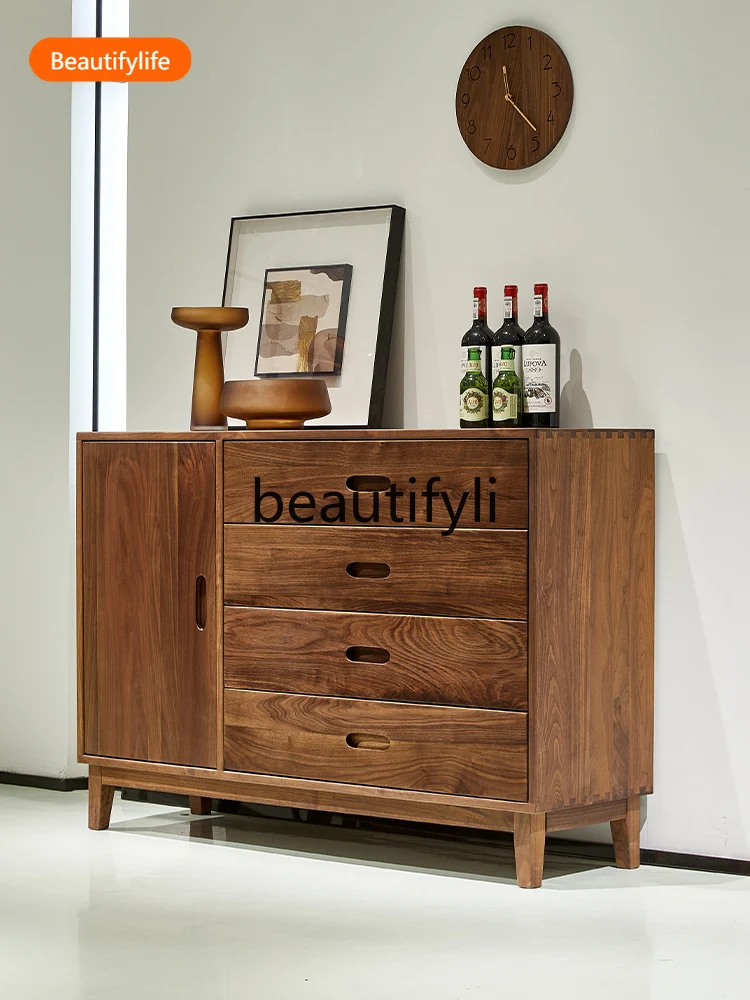 

02A Multifunctional Household Solid Wood Sideboard Black Walnut Nordic Light Luxury Tea Storage Cabinet