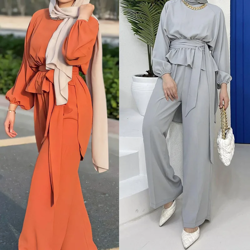 

2024 Casual Saudi Dubai Abayas Tracksuit Modest Muslim Sets Islamic Clothing Prayer Jilbab Femme Musulman 2 Pieces Turkish