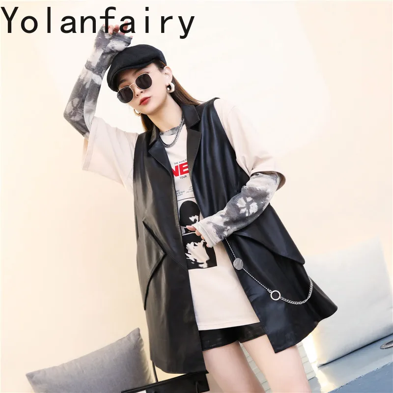 YOLANFAIRY Genuine Sheepskin Vest for Woman Autumn Korean Style Black Sleeveless Versatile Leather Gilet Mid-length Waistcoat