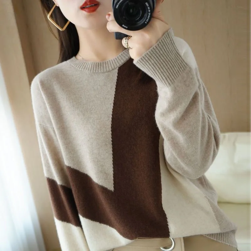 New Spring and Autumn Fashion Korean Edition Spliced Round Neck Loose Versatile Simple Slim Women\'s Long Sleeve Knitted Sweater