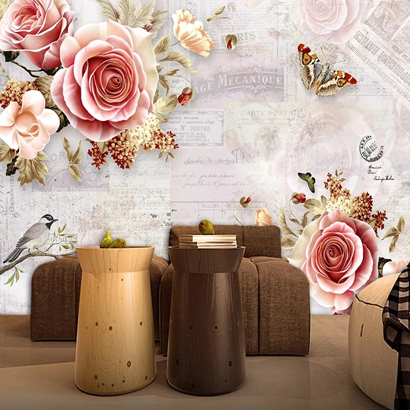 Custom Mural Wallpaper Modern Hand-painted Roses Flowers Butterfly 3D Wall Painting Living Room Bedroom Romantic Decor Wallpaper