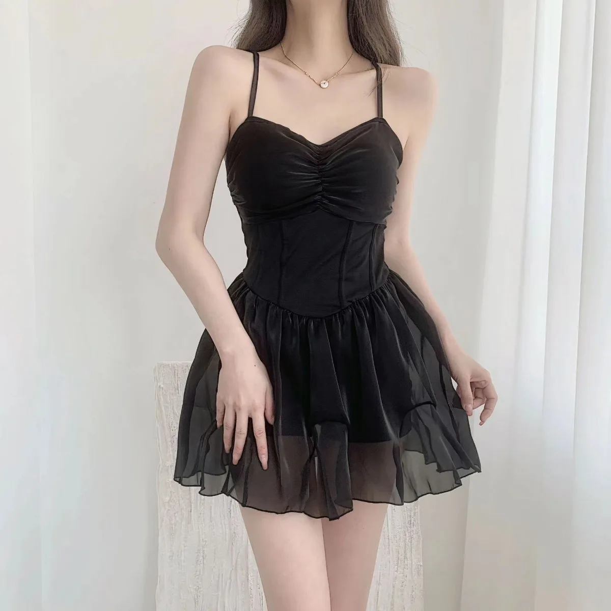 New Korean Sexy Solid Color One-piece Skirt Swimsuit Covering Belly and Slimming Hot Spring Resort Swimsuit Drop Shipping