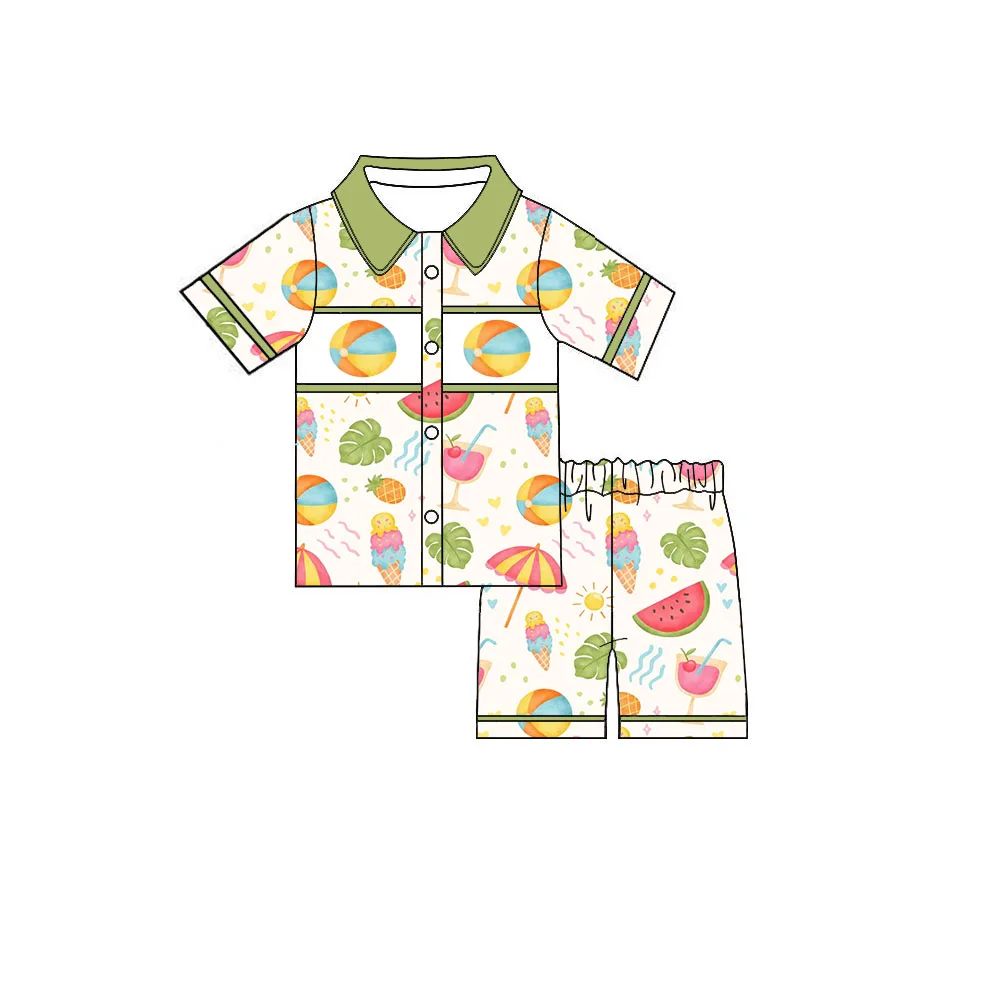 

New Boutique kid's pjs set collared ruffled short-sleeved dress shorts bow-decorated buttons heart pocket beach animals print