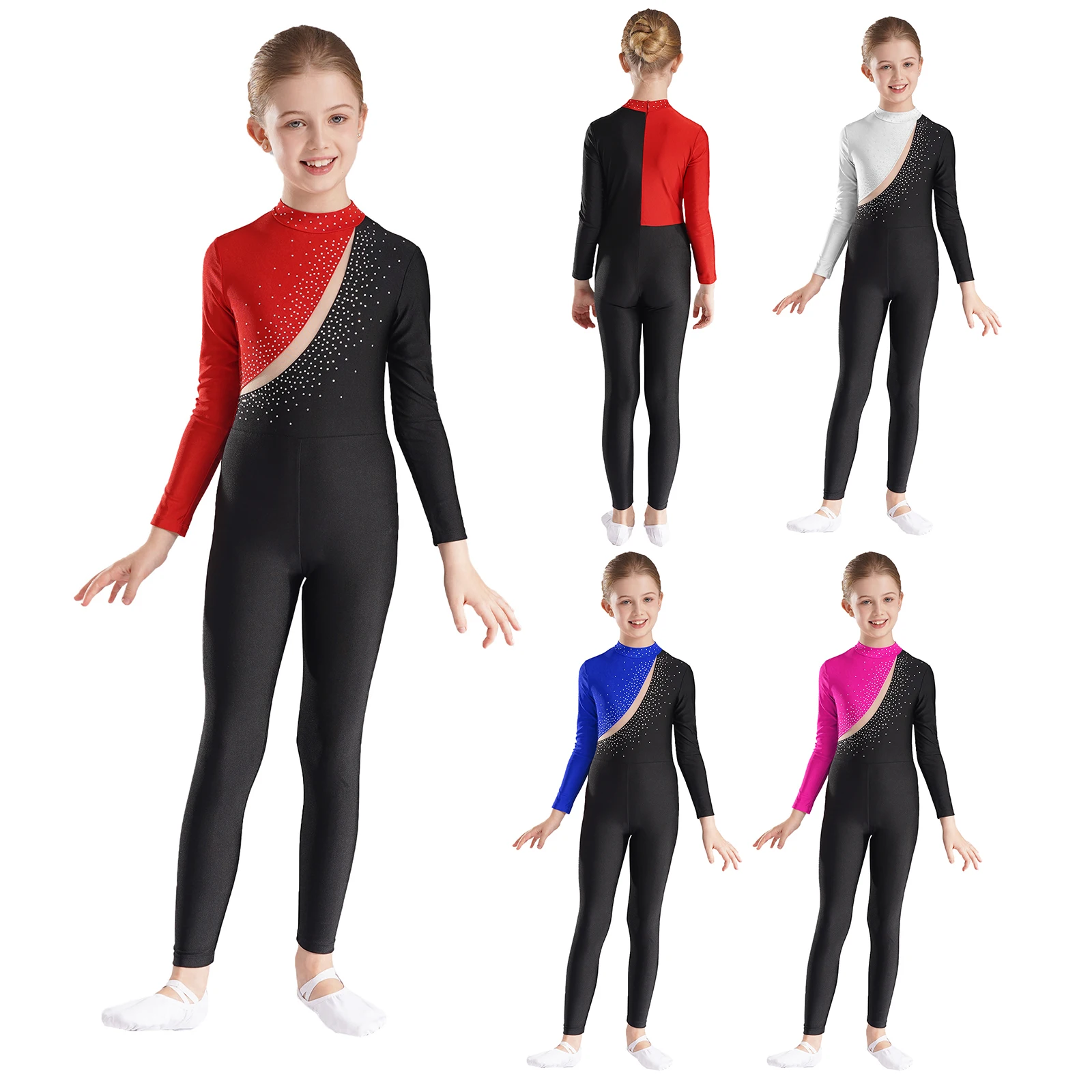 Kid Girls Rhinestone Ballet Leotard Long Sleeve Jumpsuit Figure Skating Stage Performance Competition Full Bodysuit Gymnastics