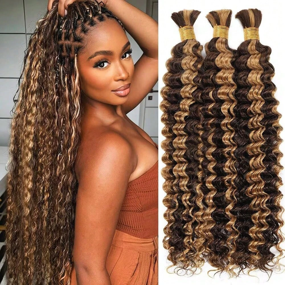 

1/3/4 Bundles Highlight Bulk Human Hair Braiding Deep Wave Unprocessed No Weft Boho Braids 100% Human Hair Extensions For Women