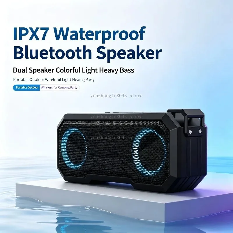 IPX7 Waterproof Bluetooth Speaker, Dual Speaker Colorful Light Heavy Bass Portable Outdoor Wireless Subwoofer for Camping Party
