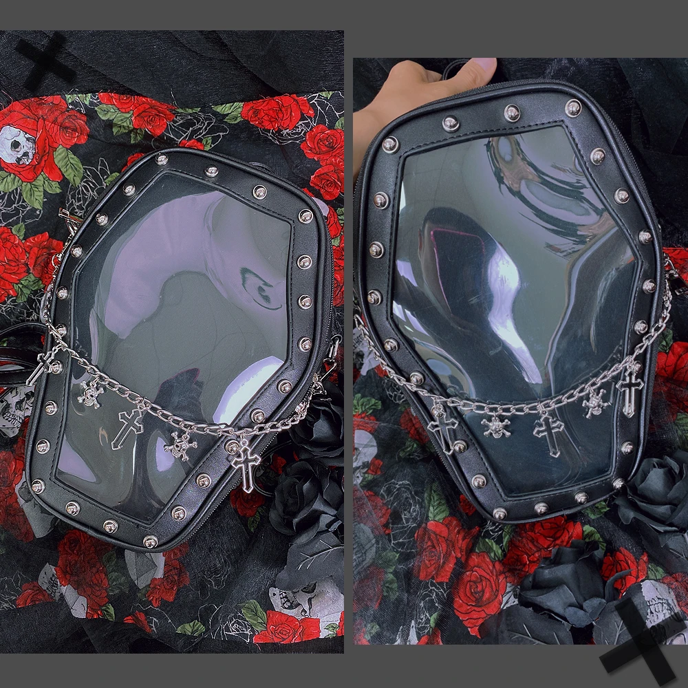 Gothic Punk Sargform Ita Tasche Damen Klare Rucksäcke Dark Lolita Handtasche und Umhängetasche Mädchen Cosplay Designer 2-Einsatz – Detail 16