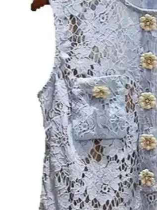 

Spring/Summer Women O-Neck Sleeveless Lace Embroidery Hollow Mini Dress Floral Buttons High Waist A-line Pinafore Dress