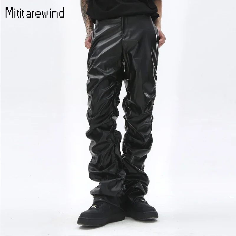 Punk Style Leather Pants Men Hip Hop Streetwear Baggy Shiny PU Black Leather Pants Pleated Design Stacked Y2k Pants Men Casual