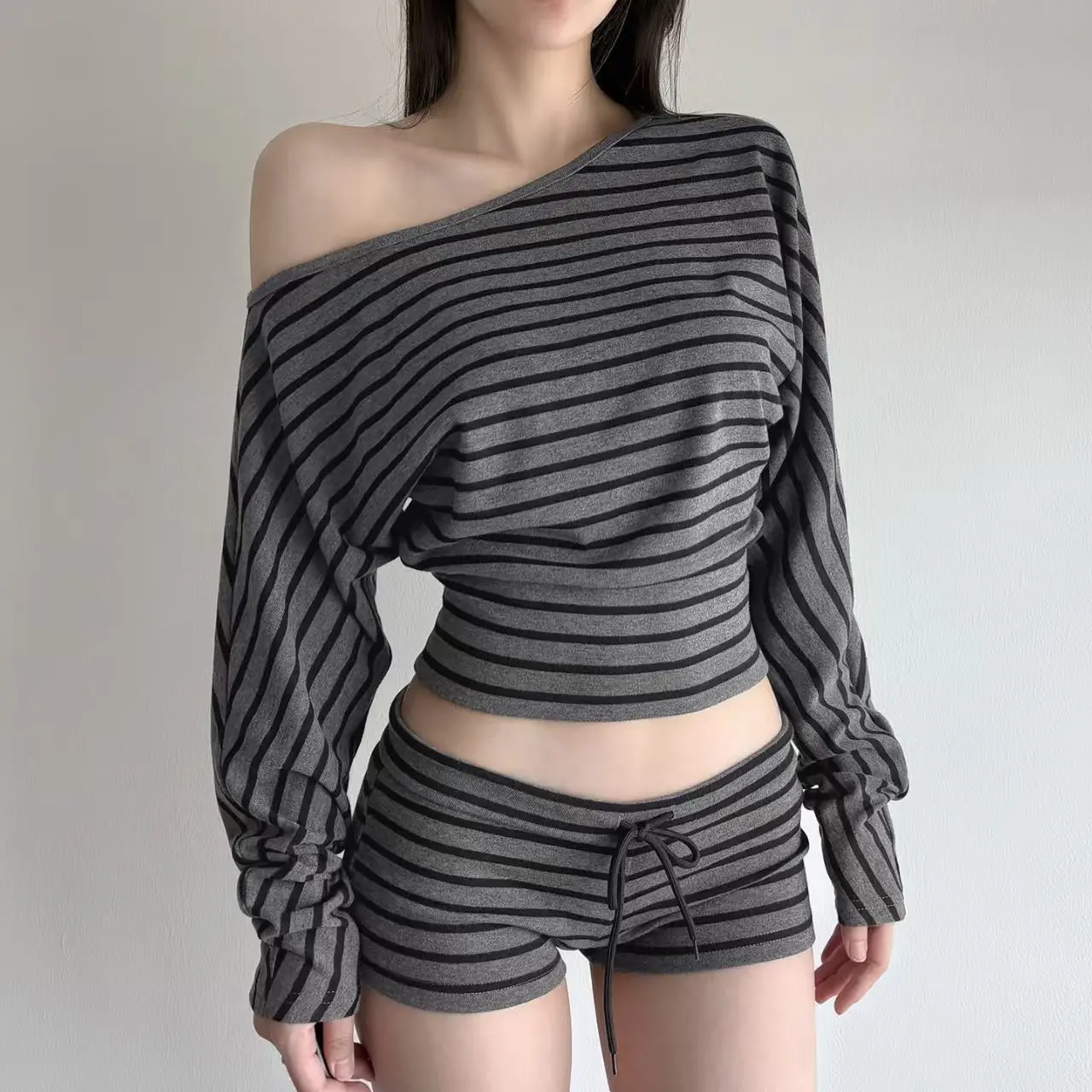 Striped Sleepwear Women Pajama Shorts Sets Long Sleeve Casual 2 Pieces Night Wears Spring Autumn Casual Home Suit 2026